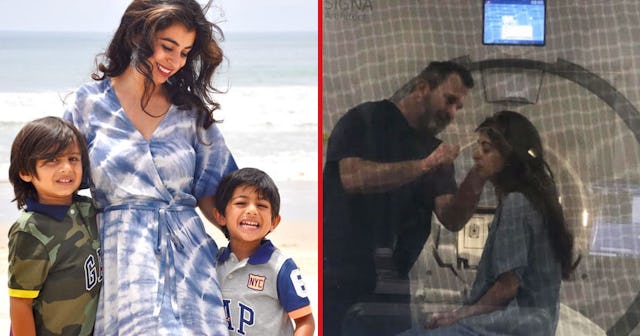 In one picture, a smiling woman is hugging her two sons, and in the other, the doctor is preparing h...