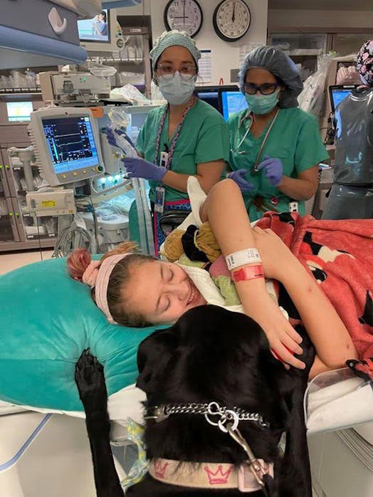 Gracie laughing in her hospital bed holding her plush toy and a dog climbing up wearing a crown-prin...