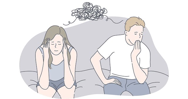 An illustration of a worried husband and wife sitting on a gray couch with a black string tied betwe...
