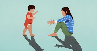 An illustration of a single mom and her toddler walking toward her