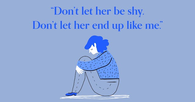 An illustration of a woman sitting on the floor with a quote about hoping her daughter isn't shy 