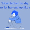 An illustration of a woman sitting on the floor with a quote about hoping her daughter isn't shy 