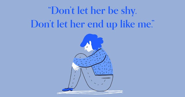 An illustration of a woman sitting on the floor with a quote about hoping her daughter isn't shy