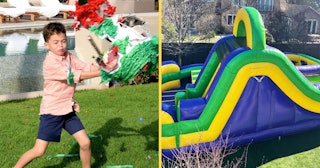 A boy in movement around a pinata and an inflatable blue-green-yellow castle within a two-part colla...