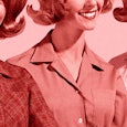 Three similar vintage looking women that represent toxic positivity with a pink color filter