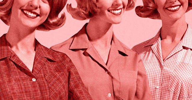 Three smiling similar looking women represent toxic positivity with a pink color filter