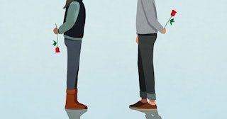 Illustration of a couple standing in front of each other and holding roses behind their backs so tha...