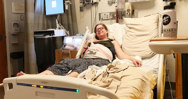 Jessica Myhre in a hospital bed due to preeclampsia issues