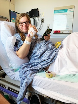 Jessica Myhre in a hospital bed due to preeclampsia issues
