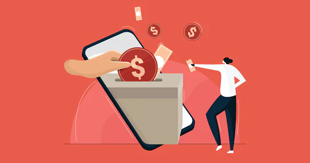 An abstract illustration of a wallet on a phone and a hand putting money in it and a person standing...