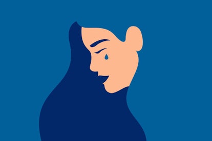 An illustration of a woman's face with blue lipstick shedding a tear on a blue background 