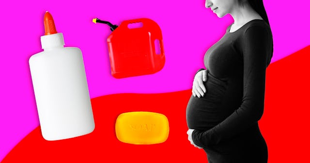 Pregnant woman surrounded by weird food cravings - glue, gasoline, soap