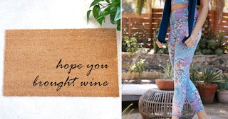 A collage photo of 'Hope you brought wine' doormat and printed leggings by Anthropologie Liana