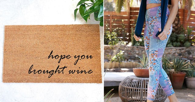 A collage photo of 'Hope you brought wine' doormat and printed leggings by Anthropologie Liana