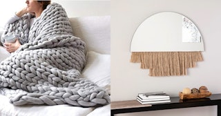 A woman is in the ERLYEEN chunky knit blanket on the left, Boston loft furnishings wall mirror on th...