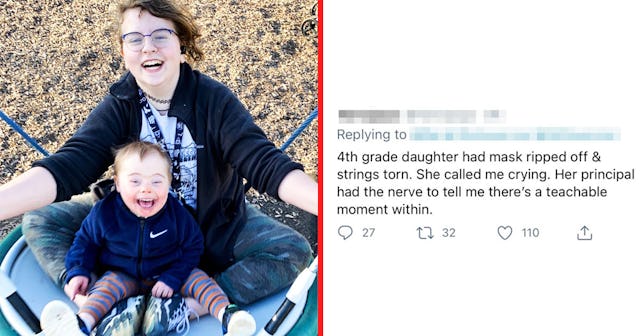'4th grade daughter had mask ripped off & strings torn...' tweet next to a mo4th-gradether and her 4...