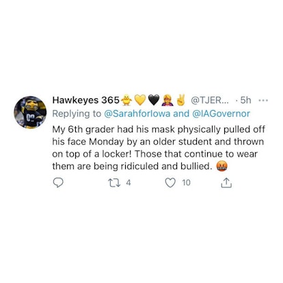 "My 6th grader had his mask physically pulled off his face Monday by an older student and thrown on ...
