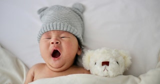 Palindrome names, baby wearing hat yawning