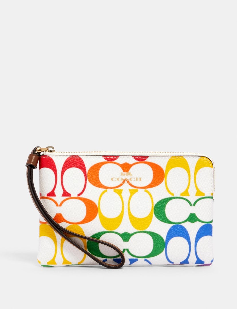 Coach Corner Zip Wristlet in Rainbow Signature Canvas