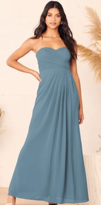 Lulus With All My Heart Slate Blue Pleated Strapless Maxi Dress