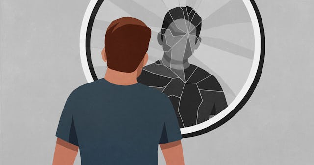 A drawing of a narcissist man looking at his reflection in a broken mirror