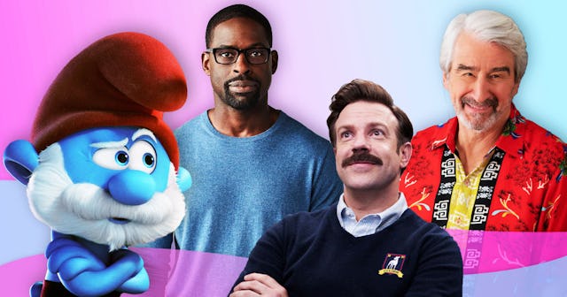 Collage of Papa Smurf, Randall Pearson, Ted Lasso, and Sol Bergstein