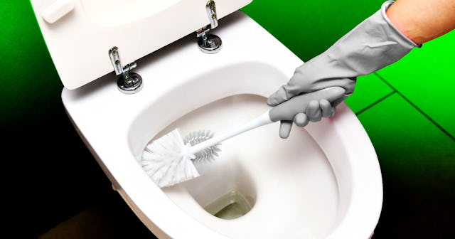 A person cleaning a toilet bowl with a toilet brush
