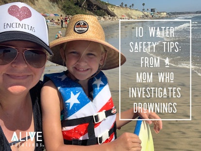 Natalie Livingston and her child at a beach with text about ten water safety tips