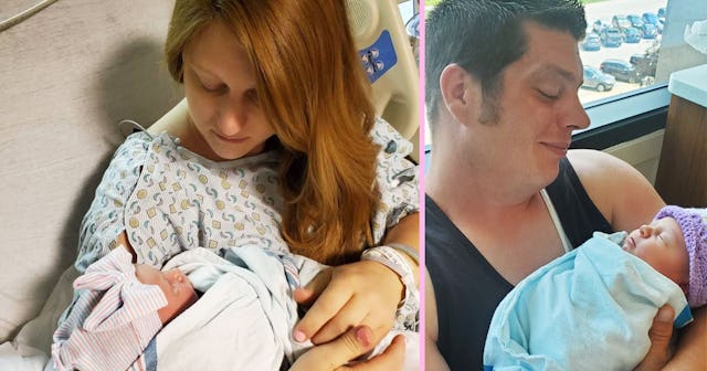 Side By Side Of A Woman Holding A Baby And A Man Holding A Baby