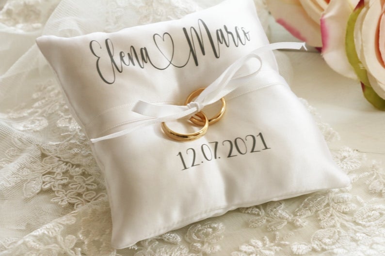 ~ Personalised wedding ring cushion pillow with rings holder box & PEARL ~ 