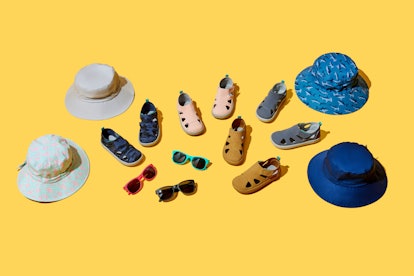 Sandals, hats, and glasses in different colors