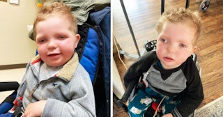 Two photographs of five-year-old Cameron sitting in his wheelchair and smiling