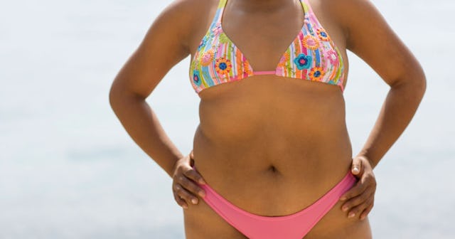Woman in a multi-colored bikini
