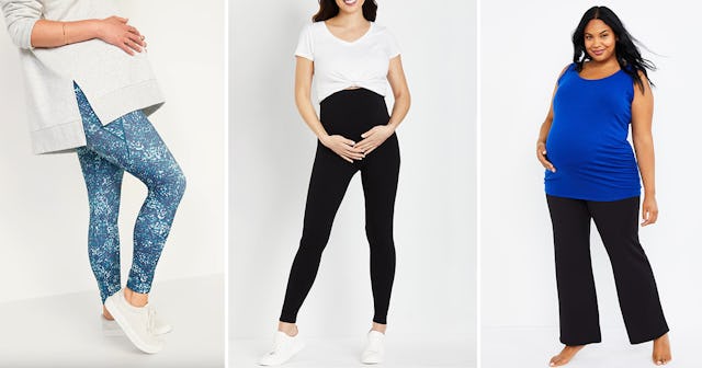 A collage of three pregnant woman wearing maternity yoga pants in black and light blue and dark blue...