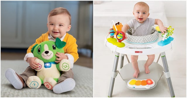 One 6 months old child sitting on the floor with its puppy, the other standing in the skip hop explo...