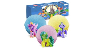 Three colorful bath bombs for kids with surprise toys inside