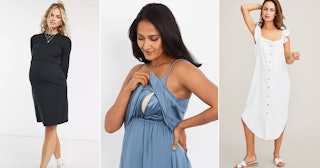 Side By Side Of Three Women Modelling A White, Black And Blue Nursing Dress
