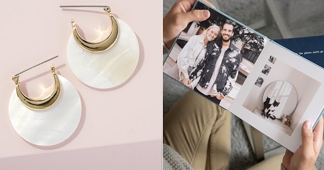 The Artifact Uprising Photo Book and Cotacoco Mother of Pearl Earrings as 30th anniversary gifts