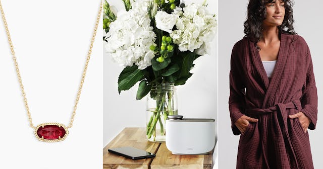 A three-part collage of a necklace, the Aera touch diffuser, and a brown bathing robe as some of the...