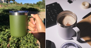 A two-part collage of top-rated olive green and white yeti mug dupes