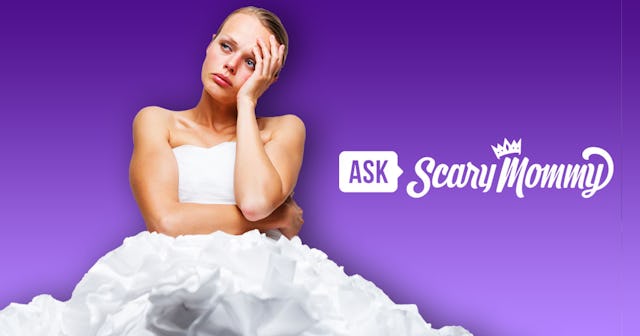 A woman in a wedding dress looking upset, with a Scary Mommy logo next to her and a purple backgroun...