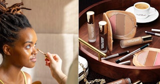 Collage of two pictures, on the left a woman having her makeup done and on the right makeup products