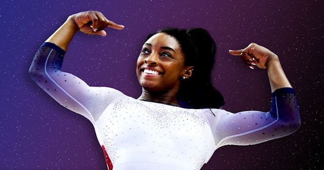 American gymnast Simone Biles in a white outfit with blue sleeves