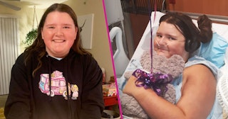 A two-part collage: A girl in a black hoodie smiling; the same girl in a hospital bed smiling