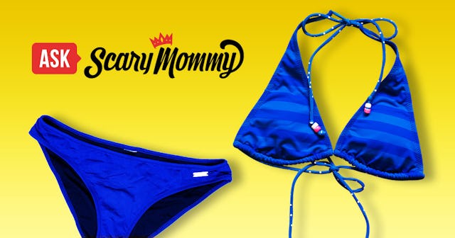 A blue bikini on a yellow background with the Scary Mommy logo