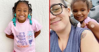 A two-part collage: a girl with braids with blue beads in a pink shirt, and Lindsay Poveromo-Jolyand...