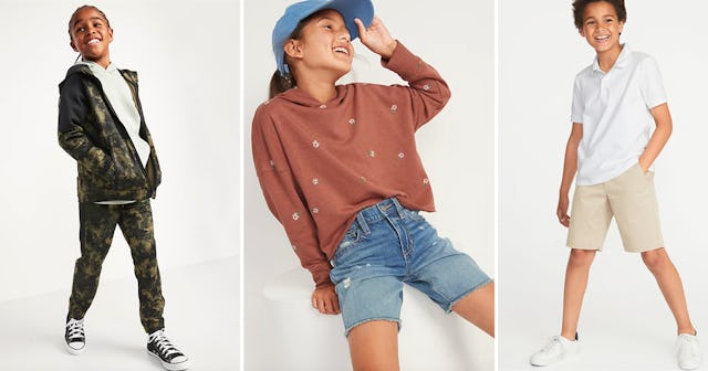 Three kids posing in back-to-school Old Navy clothing