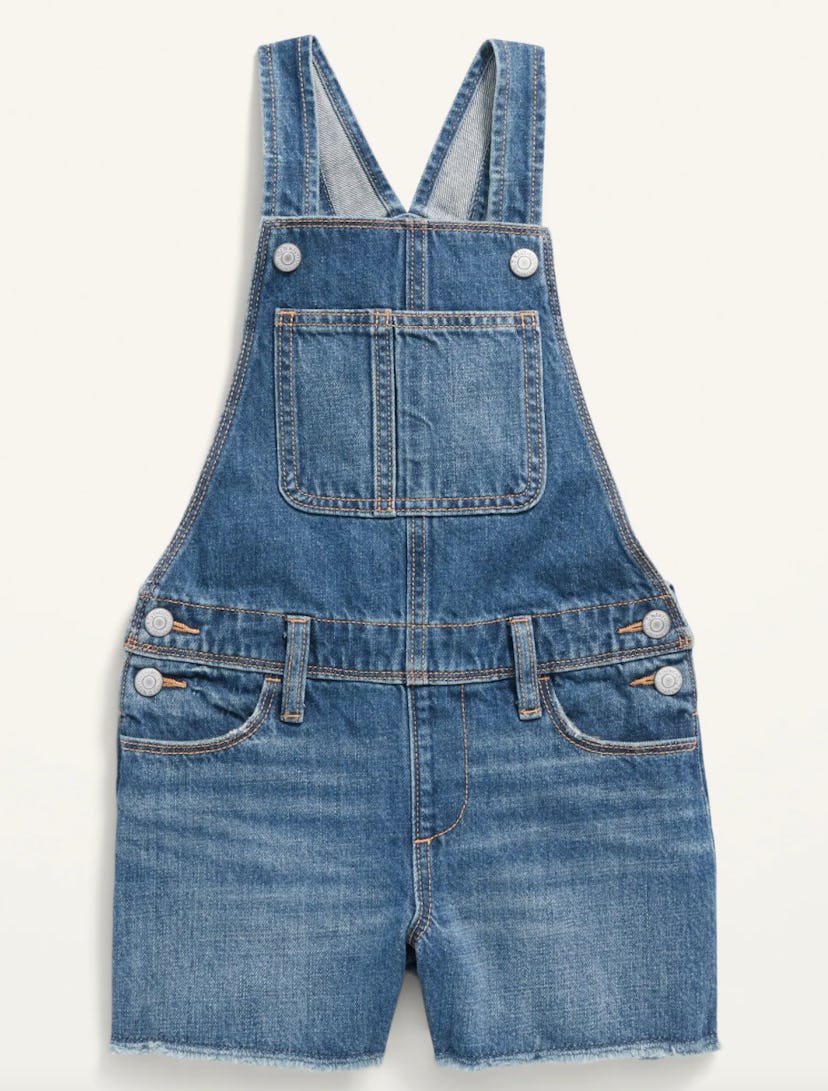 Medium-Wash Frayed-Hem Jean Shortalls