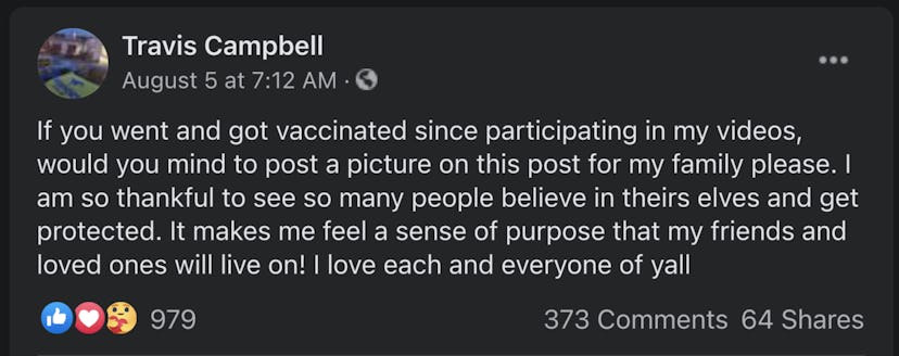 Travis Campbell Facebook post vaccination covid