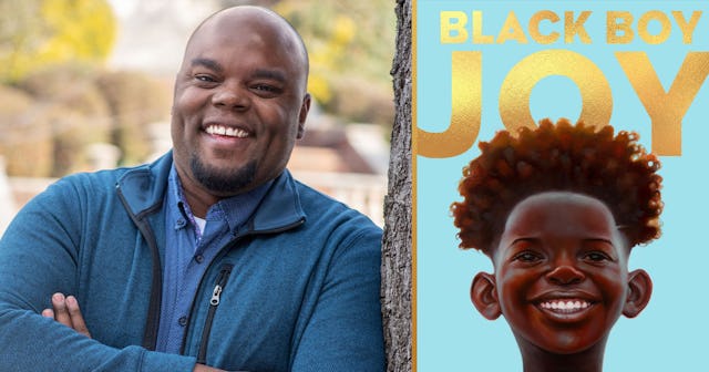 Author Kwabe Mbalia wearing a blue sweater, leaning on a tree next to the cover of his anthology, ‘B...